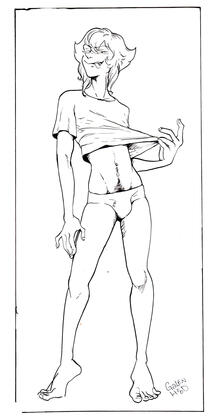 black and white line-art of a thin adult male in a t-shirt and underwear sticking out his pierced tongue and pulling at his shirt to show his stomach